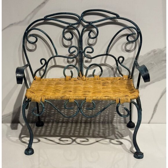 Vintage Metal Wicker Doll Bench Black Scroll Miniature Chair 12" Shabby Chic - Picture 1 of 9